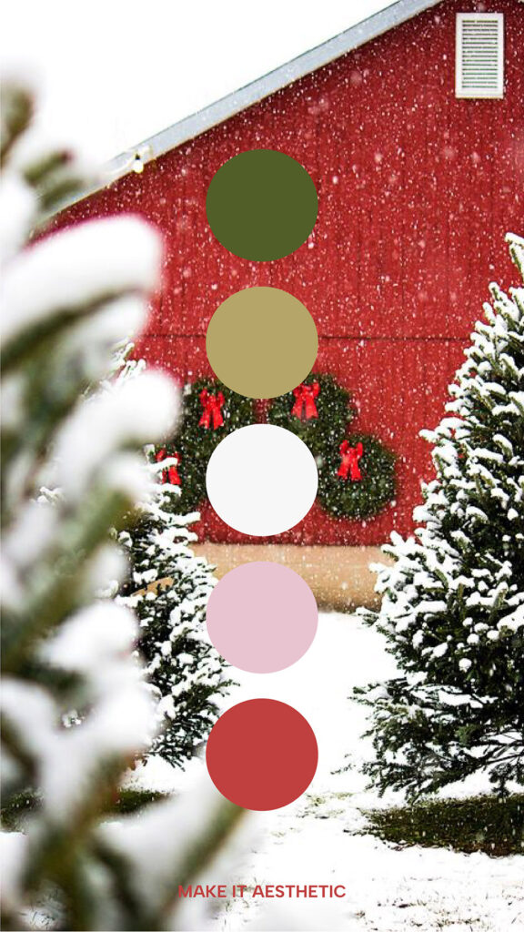 Christmas snowy forest and red house palette.