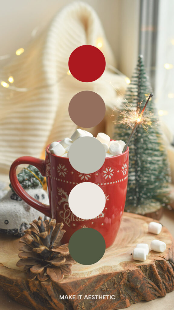 Christmas hygge aesthetic, marshmallow and cinnamon un red cup hues.