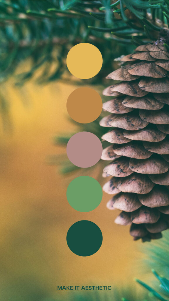 Detail of a pine cone. Aesthetic Winter Color Palette, green, brown, and yellow tones.