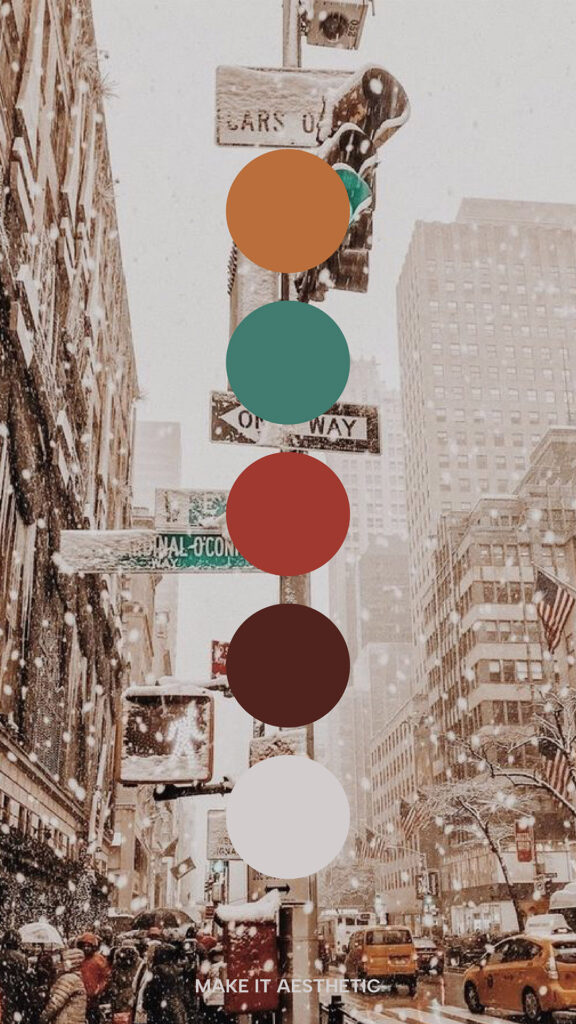 New York snowing, detail of traffic lights and city signs. Aesthetic Winter Color Palette. Red, green, yellow and brown shades.