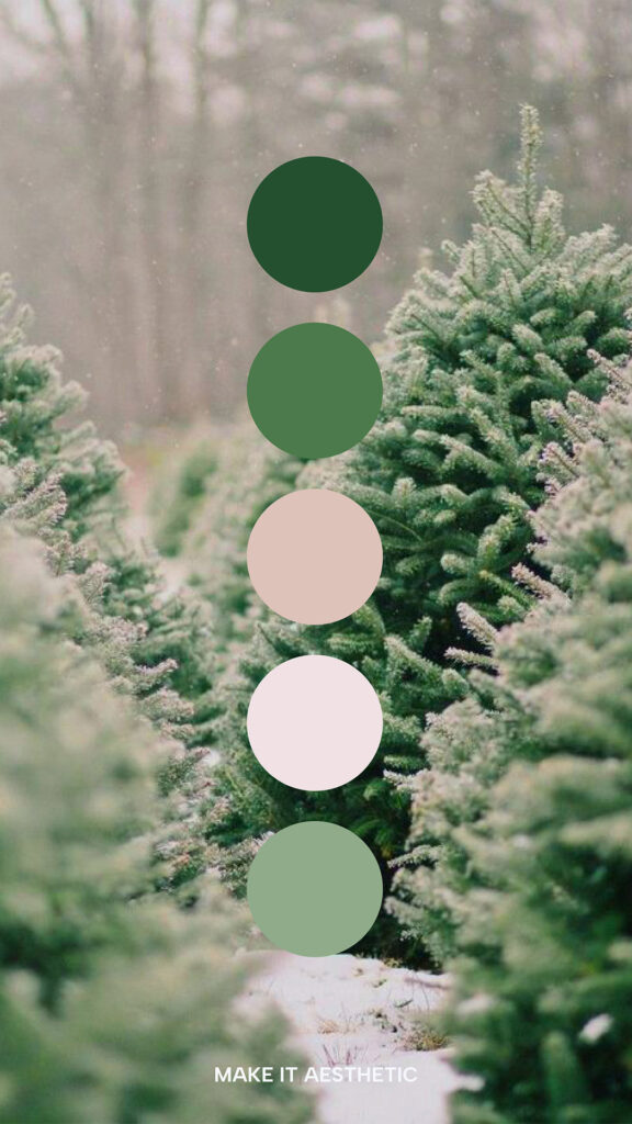 Winter pine forest. Aesthetic Winter Christmas Color Palette, green, beige, and earth tones.