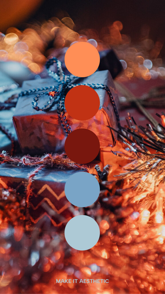 Detail of Christmas presents and decorations. Aesthetic Winter Color Palette. Blue and red tones.