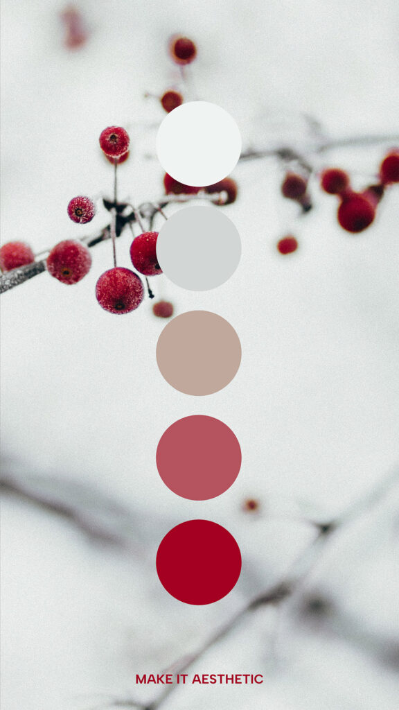 Aesthetic Winter Christmas Color Palette, detail of a plant with red fruits in the snow, reddish and cream tones