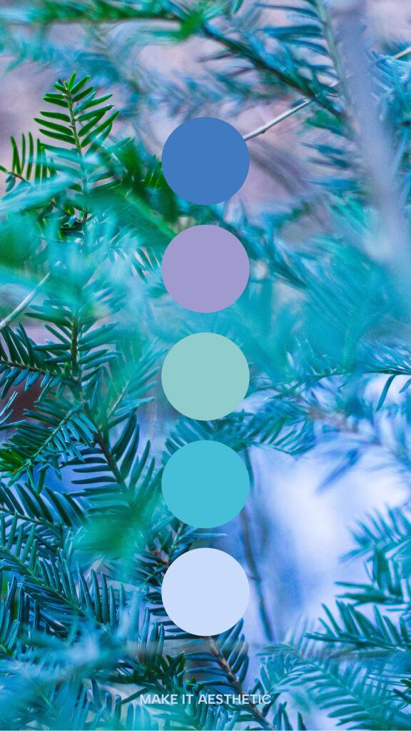 Detail of a pine tree. Aesthetic Winter Color Palette. Blue, purple, and mint tones.