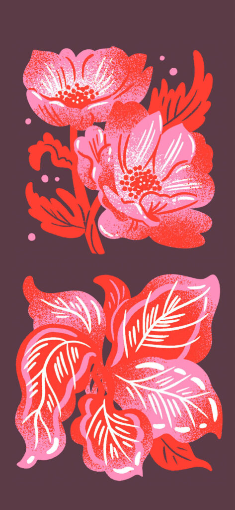 A vibrant illustration of red and pink flowers and leaves against a dark purple background