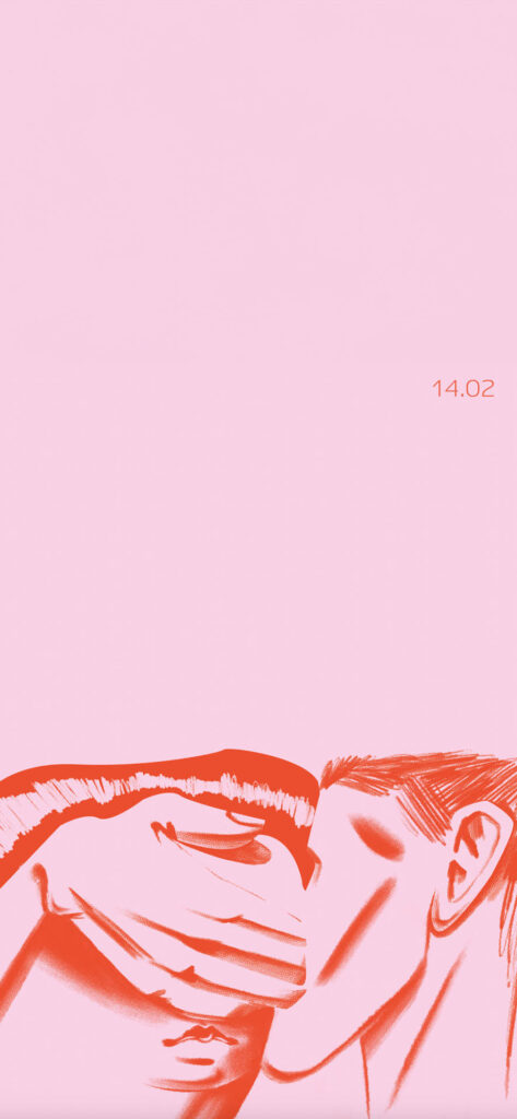 An abstract illustration of two people whispering in pink tones with the date 14.02 in the corner. Free Valentines Aesthetic Wallpapers.
