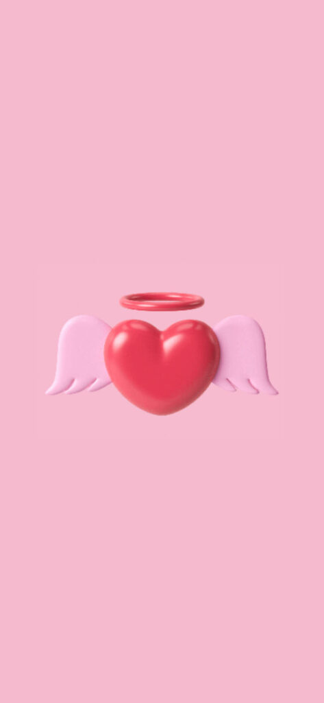 A digital illustration of a red heart with angel wings and a halo, set against a pink background. Free Valentines Aesthetic Wallpapers