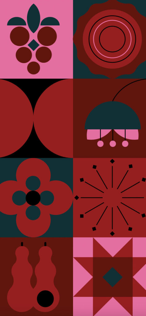 A colorful abstract artwork divided into eight sections, each containing different geometric and symmetrical shapes and patterns in various shades of red and pink.

