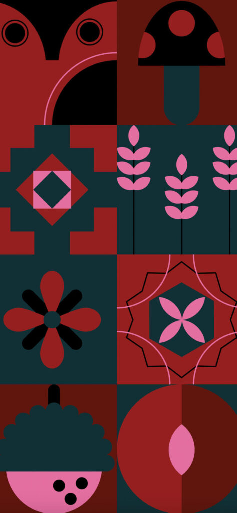 A colorful abstract artwork divided into eight sections, each containing different geometric and symmetrical shapes and patterns in various shades of red and pink.