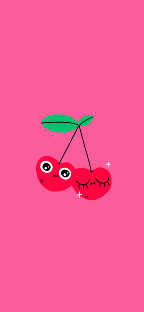 A cute illustration of two cherries with faces, appearing to be in love, on a vibrant pink background.