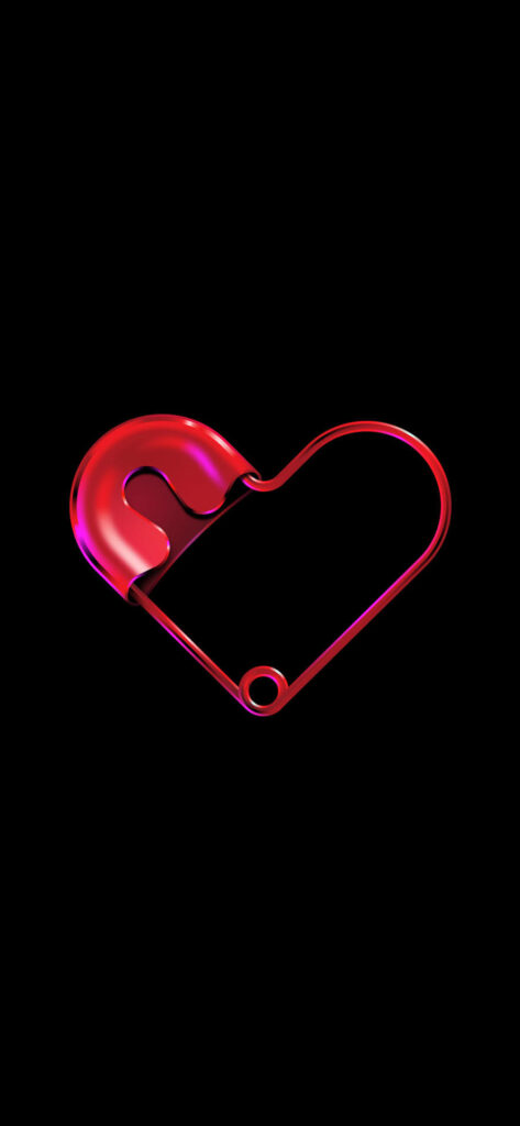 A digital illustration of a heart-shaped safety pin, with the pin's body forming the shape of a heart and its clasp open, against a black background.