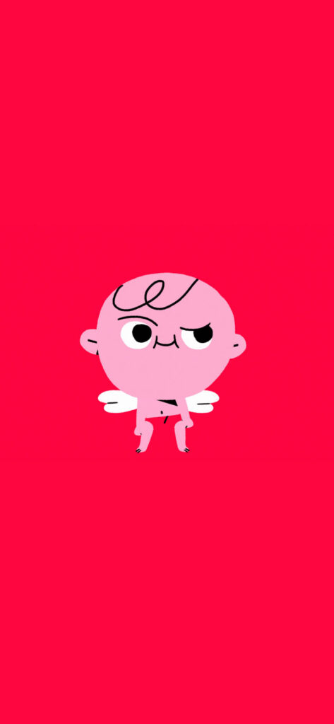 A grumpy pink cartoon character with white wings on a red background.