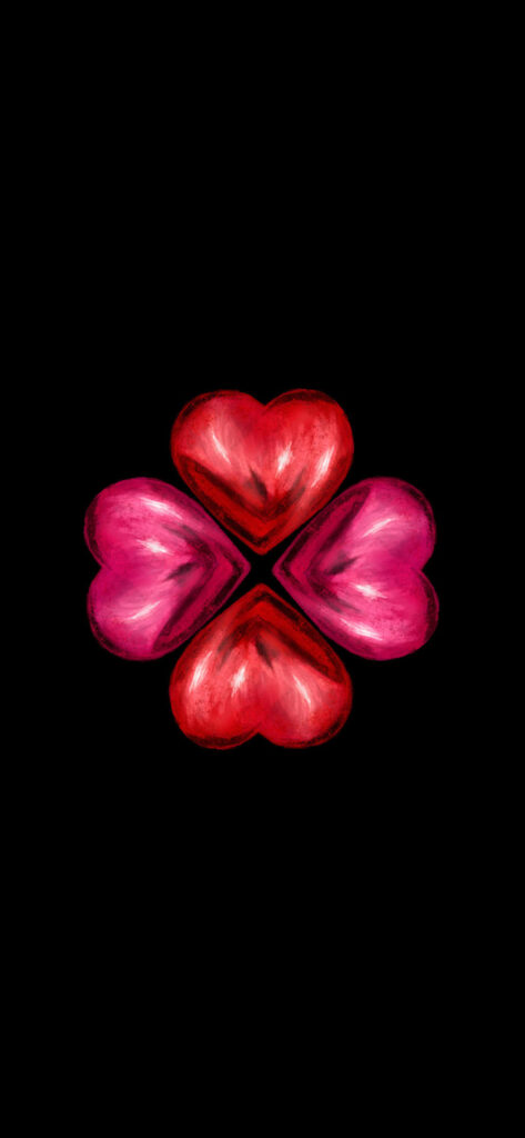 A symmetrical design featuring four heart shapes, two in red and two in pink, arranged to form a larger clover-like shape against a black background.