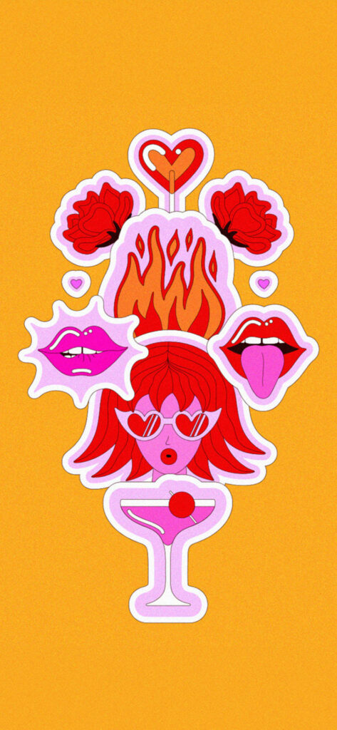 A colorful illustration featuring a collection of stickers with various designs including lips, a heart, flowers, fire, and a character in sunglasses holding a drink, all set against a yellow background.