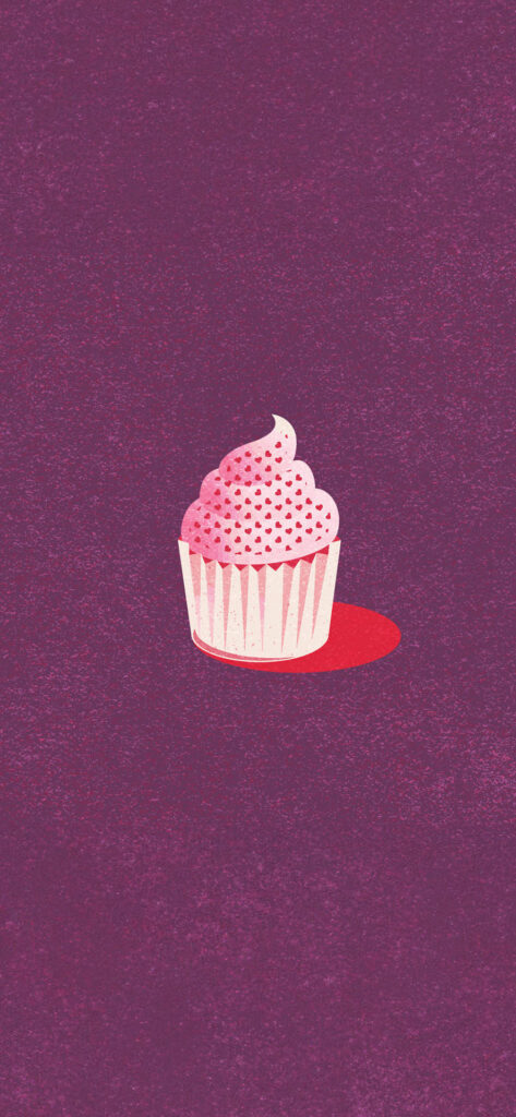 A digital illustration of a pink cupcake with sprinkles on a purple background.