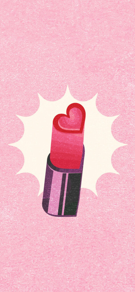 A digital illustration of a lipstick with a heart-shaped top, set against a sparkly pink background. Free Valentines Aesthetic Wallpapers