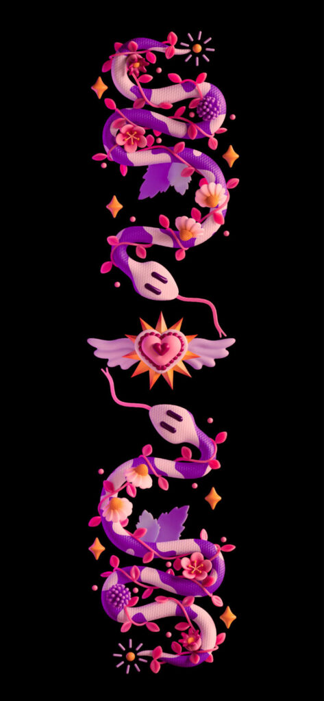 A purple snake with pink flowers and stars on a dark background. Free Valentines Aesthetic Wallpapers.