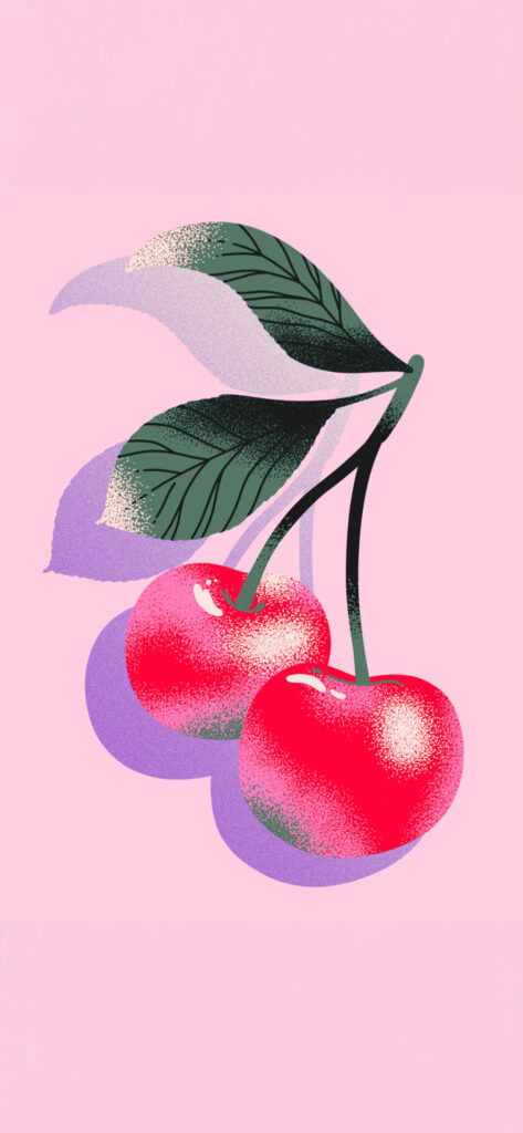 A digital illustration of two bright red cherries with green leaves on a soft pink background. 