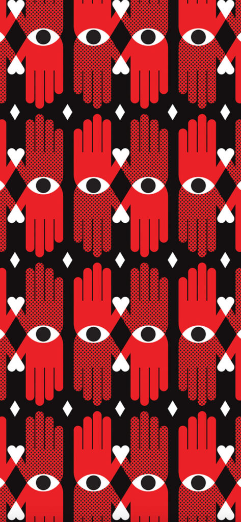 An image of a patterned design featuring red hands with eyes in the center, surrounded by white hearts and diamonds on a black background.