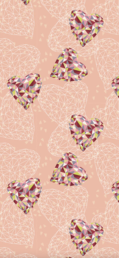 A digital wallpaper featuring a pattern of outlined and filled, colorful geometric hearts on a pink background.