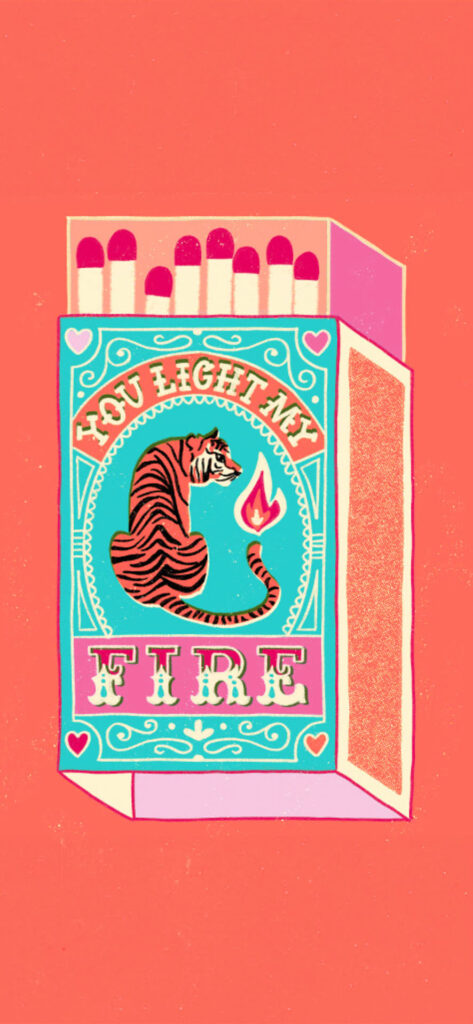 A colorful illustration of a matchbox with the text “YOU LIGHT MY FIRE” and a tiger on the front.