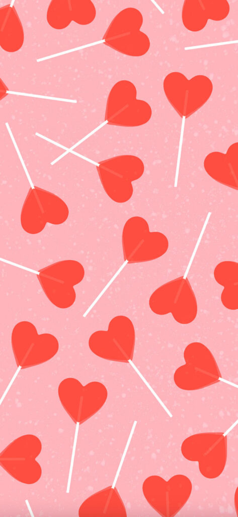 A digital illustration featuring red heart-shaped lollipops on white sticks, scattered against a speckled pink background.