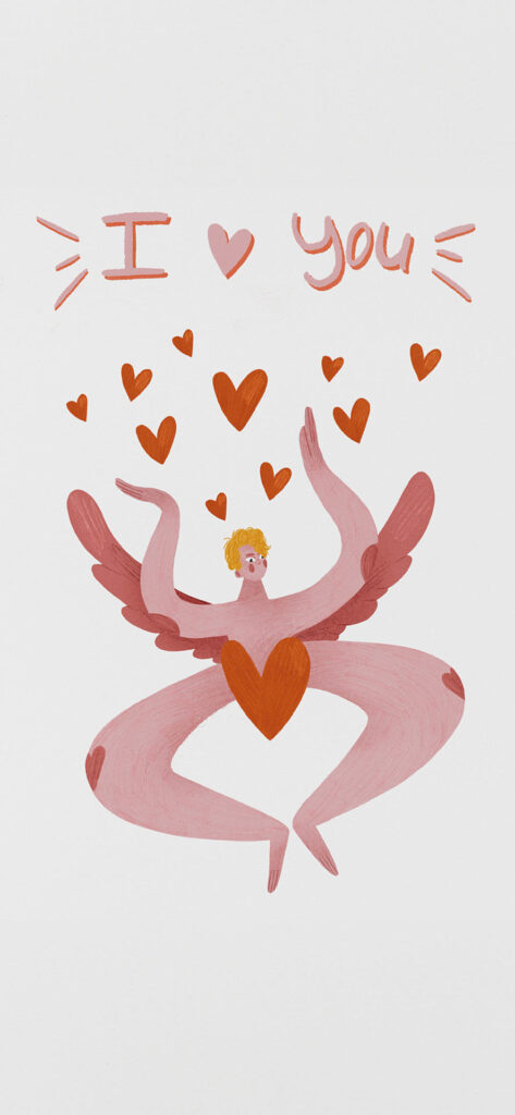 A winged character holding a heart under the text “I ♥ You” on a white background. Free Valentines Aesthetic Wallpapers.