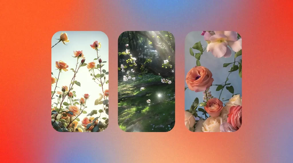 A digital collage featuring three rounded rectangular images against a gradient red background; the first image displays blooming roses against a sky, the second shows a mystical forest with sunlight piercing through, and the third contains roses and other flowers in soft focus.