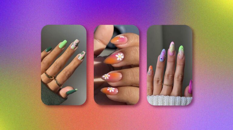 A colorful collage featuring three sets of hands showcasing different nail art designs against a gradient background.