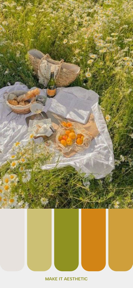 Best Spring Color Palettes for 2024. A serene outdoor setting featuring a picnic setup on a white cloth amidst a field of blooming white flowers, with items like bread, fruits, and a drink laid out, accompanied by a color palette at the bottom displaying shades extracted from the image.