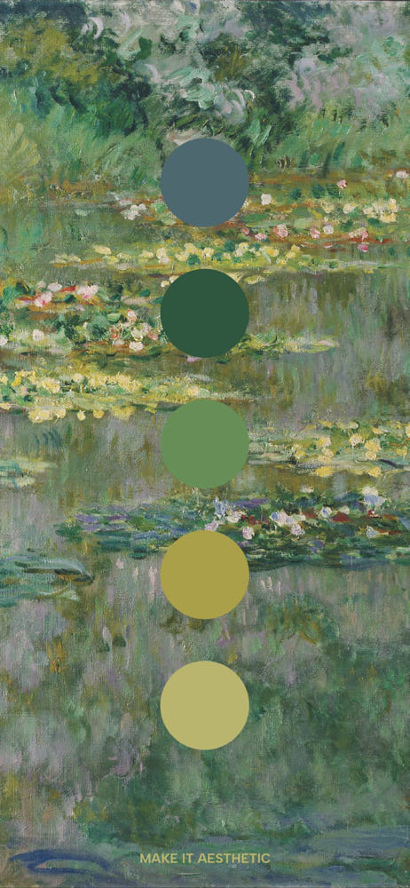 An impressionistic painting of a pond with lily pads and flowers, overlaid with four color swatches and the text.