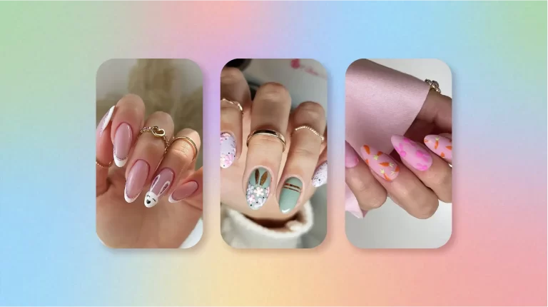 The image displays a collage of three hands, each showcasing unique easter nail design against a pastel gradient background. The designs include glossy pink with jewels, colorful patterns with stripes and dots, and abstract floral motifs, all complemented by multiple rings.