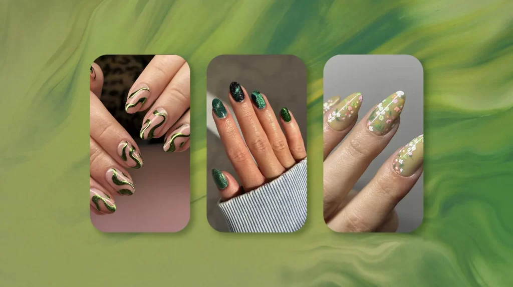 A collage of three images showcasing different nail art designs, set against a vibrant, swirled green and yellow background. The first image features nails with a green flame-like design on a light pink base. The second image displays nails painted with dark green glittery polish. The third image shows nails adorned with an artistic design featuring splashes of green, white, and gold on a clear base coat.