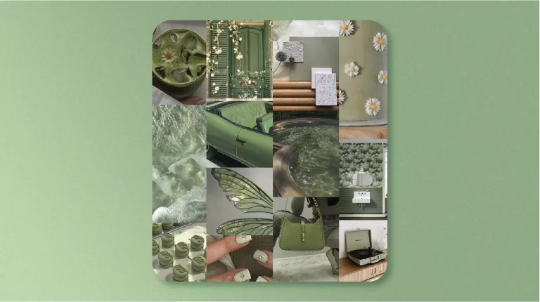 The image is a collage of various items and scenes, all sharing a green color theme. It includes a sliced lime, ocean waves, a butterfly, interior decor elements, neatly stacked towels or fabrics, small white flowers with yellow centers, lined-up jars or bottles with green labels, and a shot of clear water with light reflections.