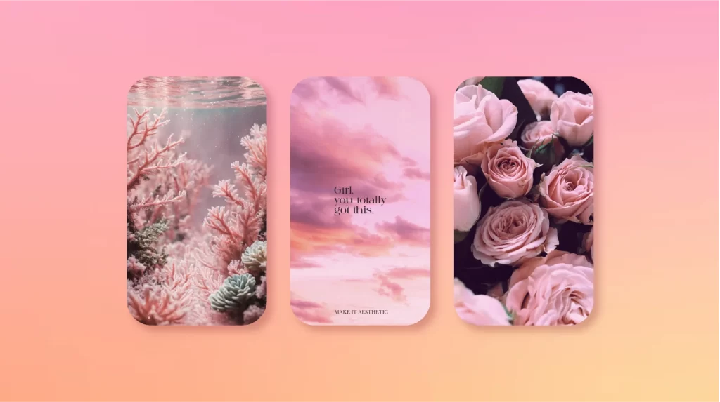 The image showcases a collection of three pink phone wallpapers.