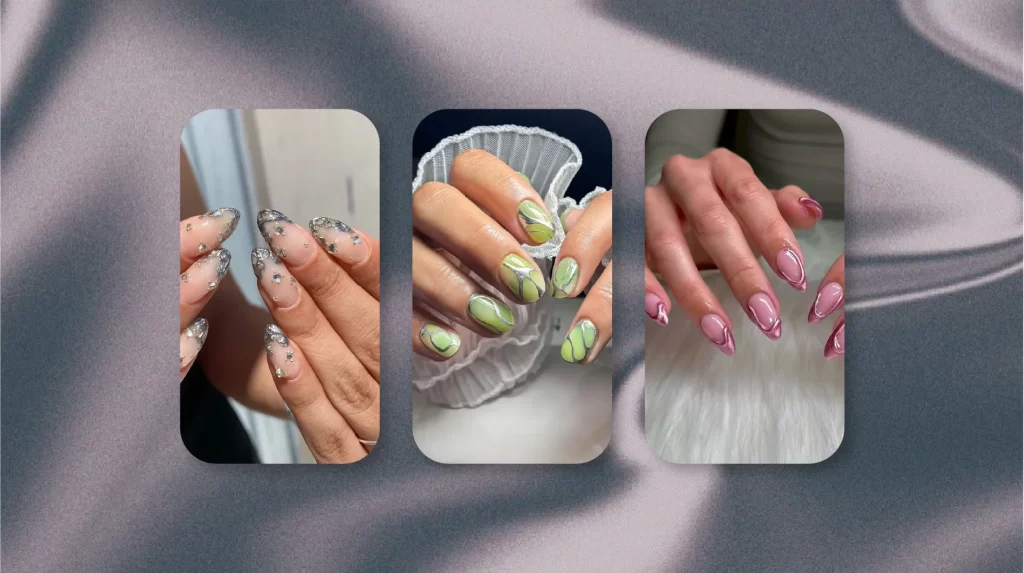 A cover with three chrome nail designs against a silky purple background. The first design features long, pointed nails with clear polish and chrome adornments. The second shows nails with chrome green and white marble-like swirls, holding a white ruffled object. The third displays chrome pink nails with an almond shape