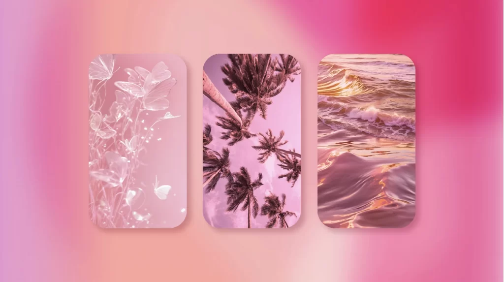 A triptych of rounded rectangular images set against a gradient pink background. From left to right: the first image depicts delicate white flowers with a soft pink backdrop; the second shows tall palm trees with outstretched fronds against a light purple sky; and the third captures the serene motion of waves gently meeting the shore, bathed in the hues of sunset