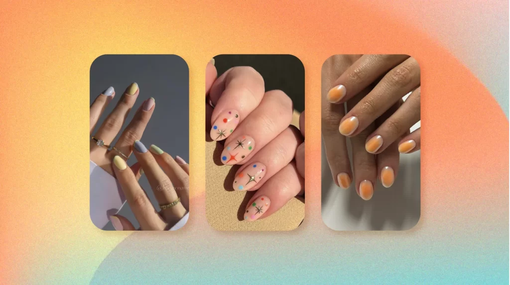 Summer Nails Cover that features three images: the first shows a dual-tone green and white nail color with golden rings, the second displays intricate patterns with peach and white base colors and colorful decorations, and the third presents glossy orange nails. All are set against a gradient orange and teal background.