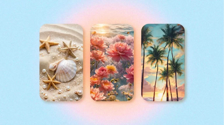 Summer wallpaper cover: Left panel depicts a tranquil beach scene with sand, seashells, and starfish. The center panel captures the vibrant beauty of pink peonies against a backdrop of a sunset over the ocean. The right panel presents a tropical sunset with palm trees silhouetted against a vivid orange and purple sky.