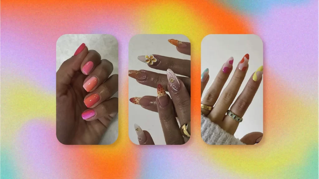 Stylish summer nail designs on hands against a pastel rainbow background: gradient pink-orange nails, embellished long nails with an eye design, and various pastel patterned nails with rings.